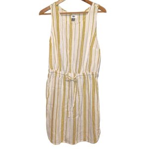 Linen Dress, Yellow White Stripes, Tie Waist, Small